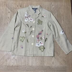 VTG Indigo Moon Small Tan Floral Embroidered Button Front‎ Jacket Shirt Shacket
